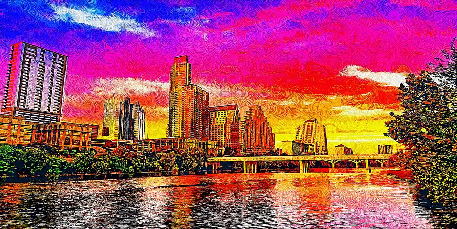 Downtown Austin skyline seen from the Colorado River - impressionist painting Digital Art by Nicko Prints