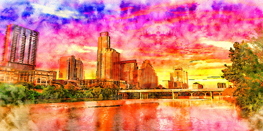 Downtown Austin skyline seen from the Colorado River - pen and watercolor Digital Art by Nicko Prints