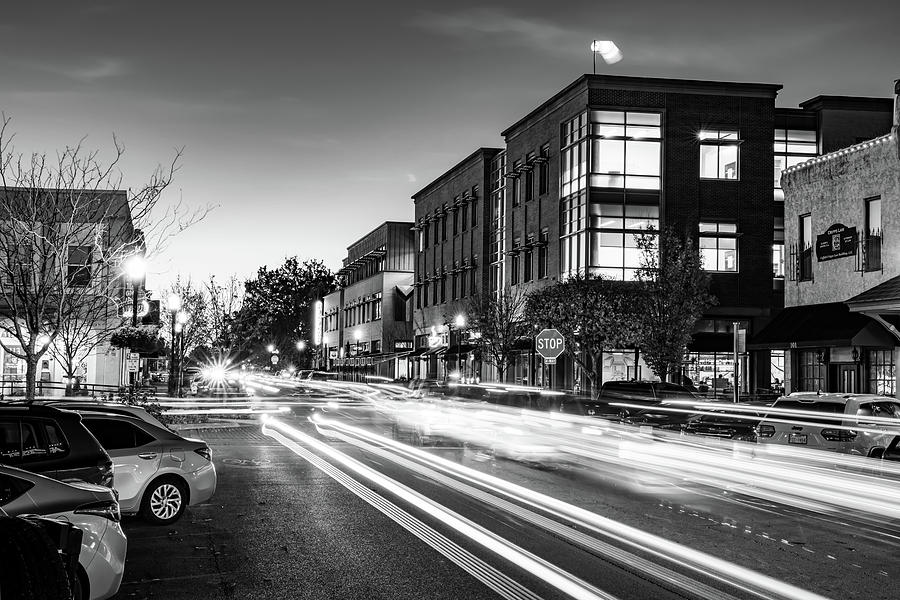 Downtown Bentonville Second Street Skyline - Black and White Photograph by Gregory Ballos
