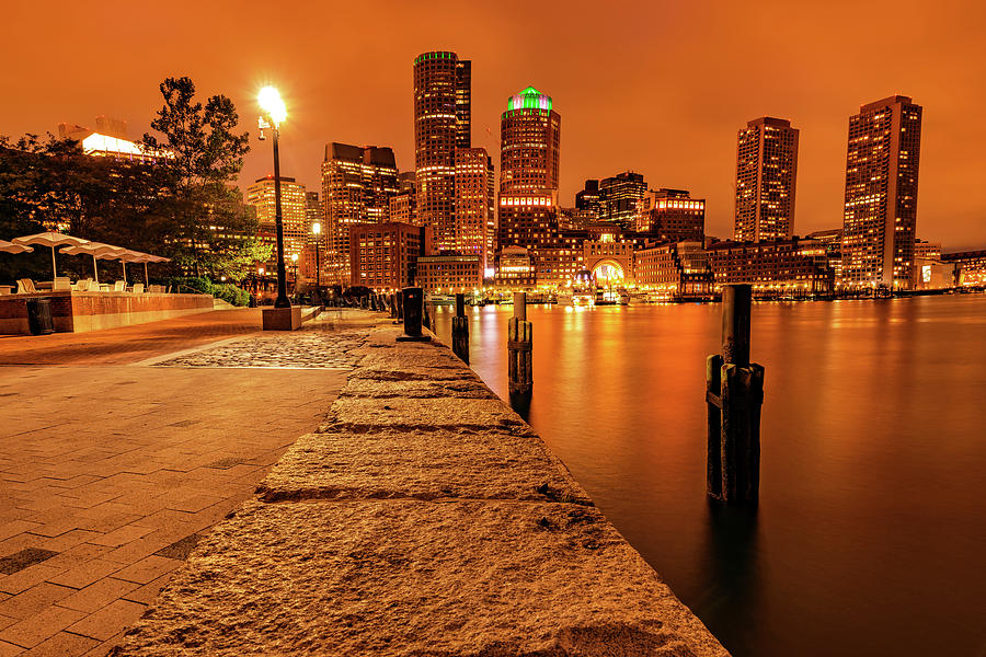 Downtown Boston Skyline Along the Harborwalk at Sunset Photograph by Gregory Ballos