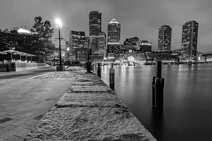 Downtown Boston Skyline Along the Harborwalk in Black and White Photograph by Gregory Ballos