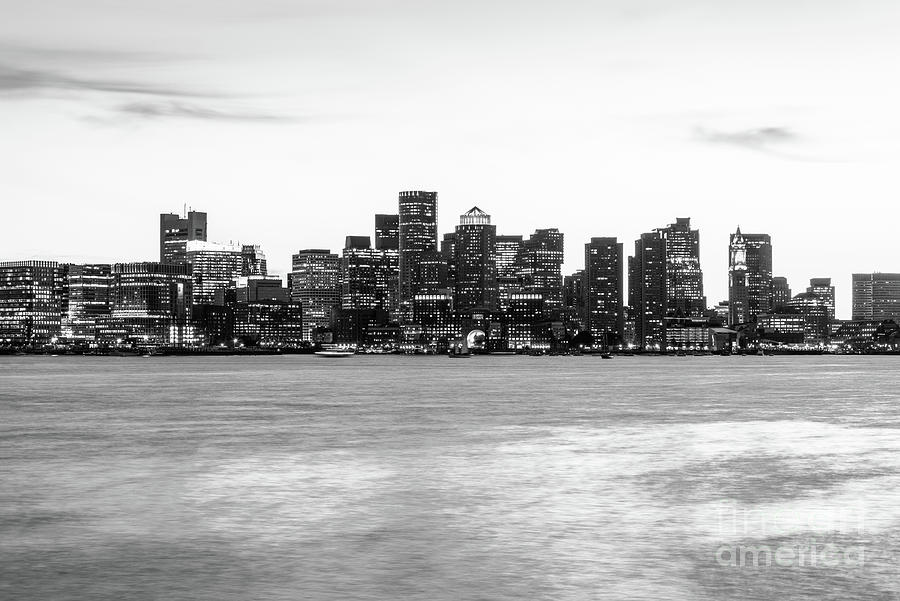 Downtown Boston Skyline at Dusk Black and White Photograph by Paul Velgos