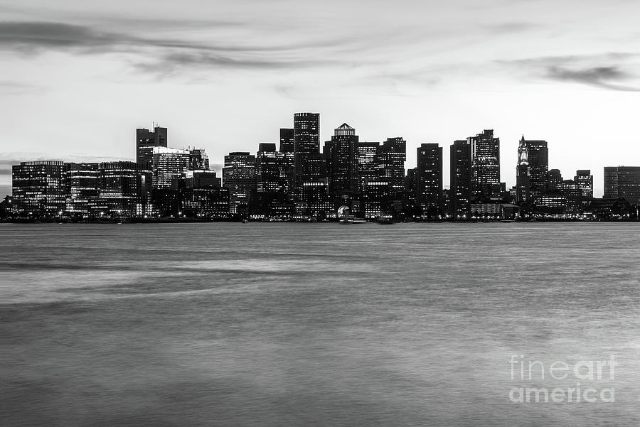 Downtown Boston Skyline at Night Black and White Photograph by Paul Velgos