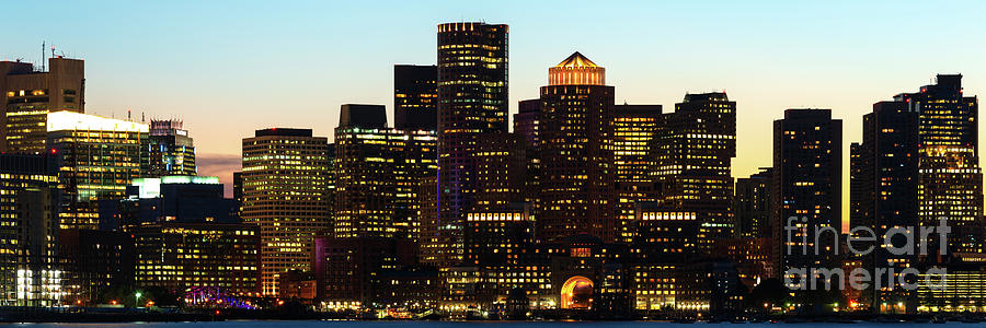 Downtown Boston Skyline at Night Panoramic Photo Photograph by Paul Velgos