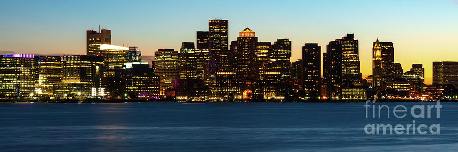 Downtown Boston Skyline at Night Sunset Panorama Photo Photograph by Paul Velgos