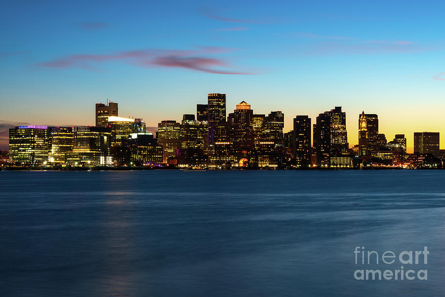 Downtown Boston Skyline at Night Sunset Photo Photograph by Paul Velgos