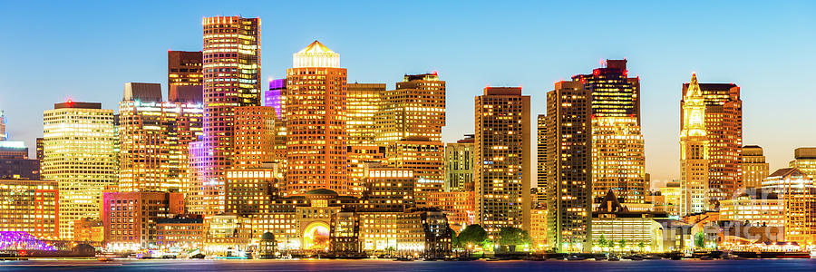 Downtown Boston Skyline Cityscape at Night Panoramic Photograph by Paul Velgos