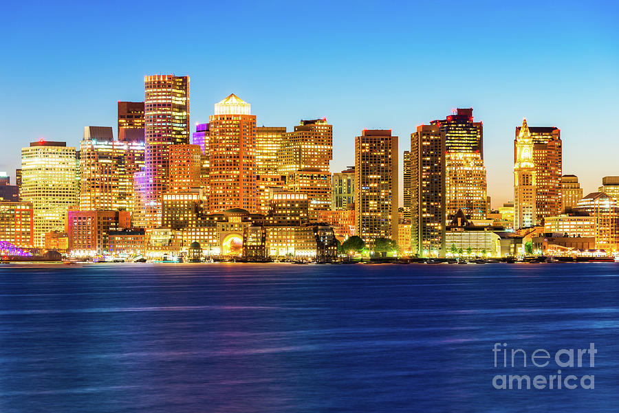 Downtown Boston Skyline Cityscape at Night Photograph by Paul Velgos