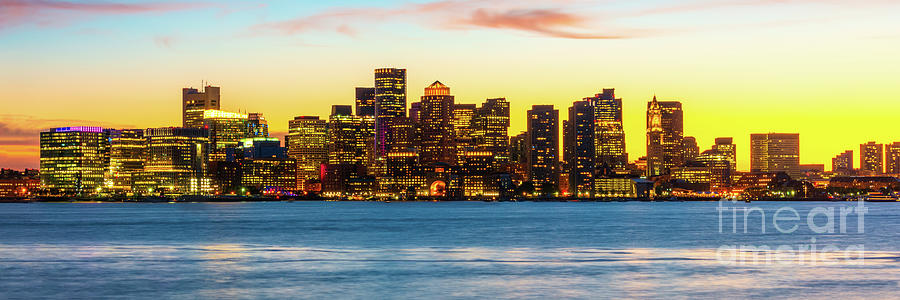 Downtown Boston Skyline Cityscape at Sunset Panorama Photograph by Paul Velgos