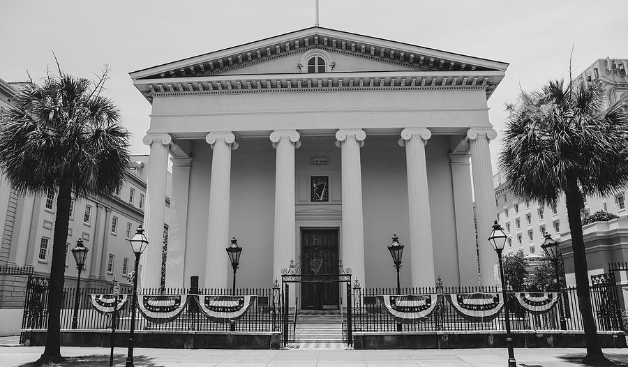 Downtown Charleston Custom House Black And White Photograph by Dan Sproul