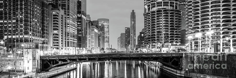 Downtown Chicago at Night Ultra High Res Black and White Panoram Photograph by Paul Velgos