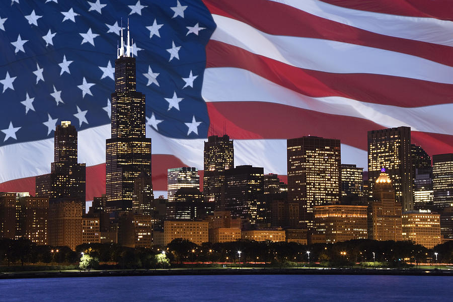 Downtown Chicago composite with American flag Photograph by Thinkstock