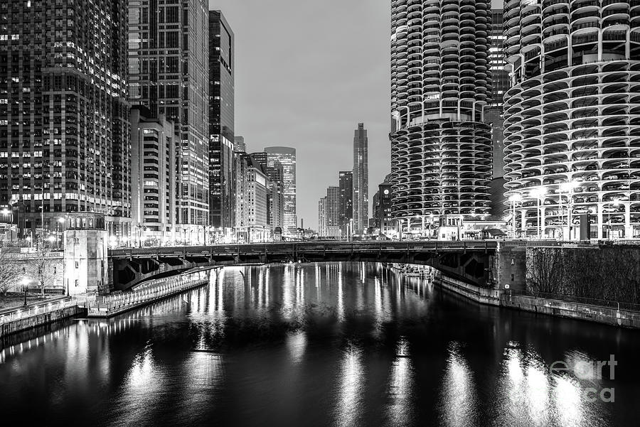 Downtown Chicago River at Night Ultra High Res Black and White P Photograph by Paul Velgos