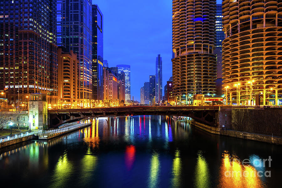 Downtown Chicago River Night Cityscape Ultra High Resolution Pho Photograph by Paul Velgos