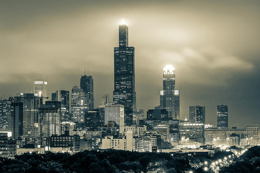 Chicago Skyline Photograph - Downtown Chicago Skyline Under Clouds in Sepia by Gregory Ballos