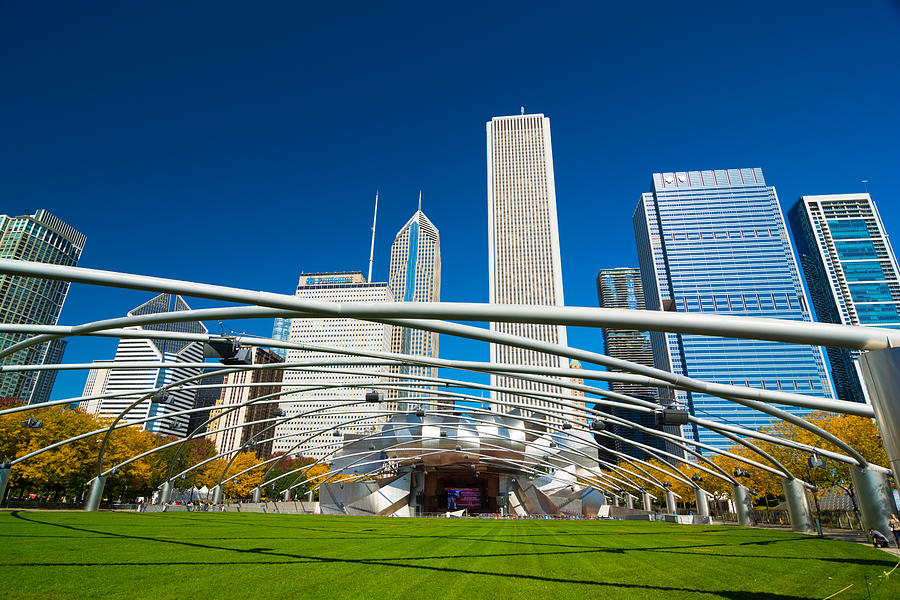 Downtown Chicago skyline with Jay Pritker Pavilion at Millenium Park Photograph by Davel5957