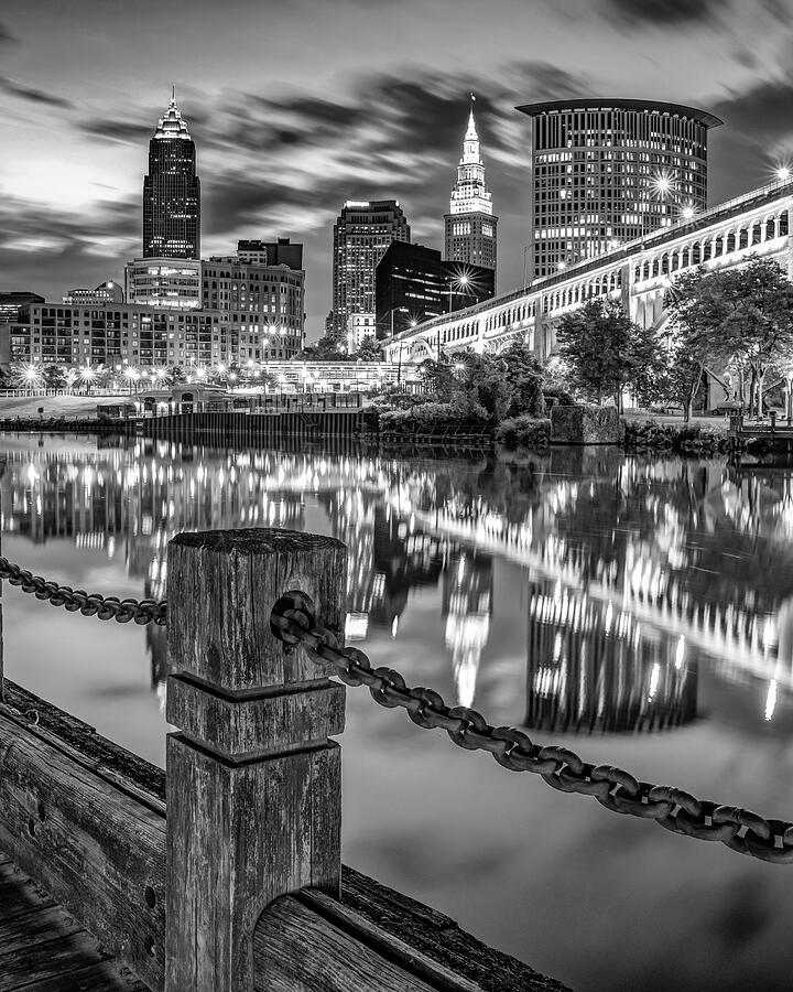 Cleveland Skyline Photograph - Downtown Cleveland Ohio Cityscape Reflections - Black and White by Gregory Ballos
