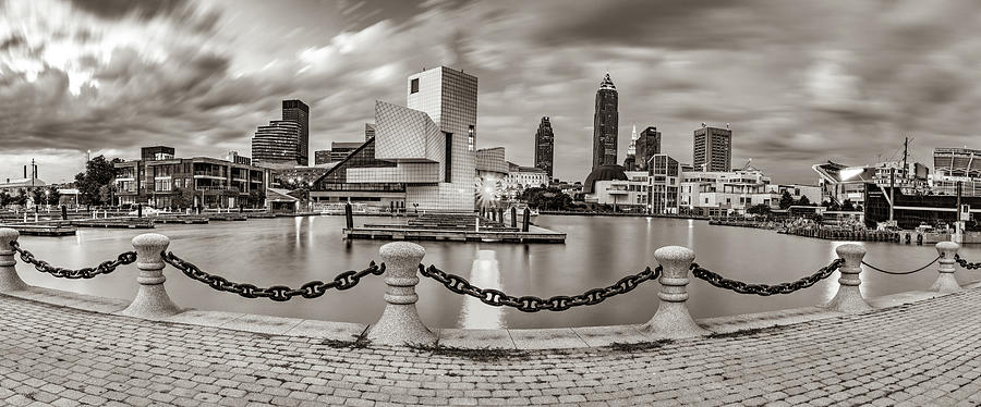 Cleveland Skyline Photograph - Downtown Cleveland Ohio Sepia Panorama From North Coast Harbor by Gregory Ballos