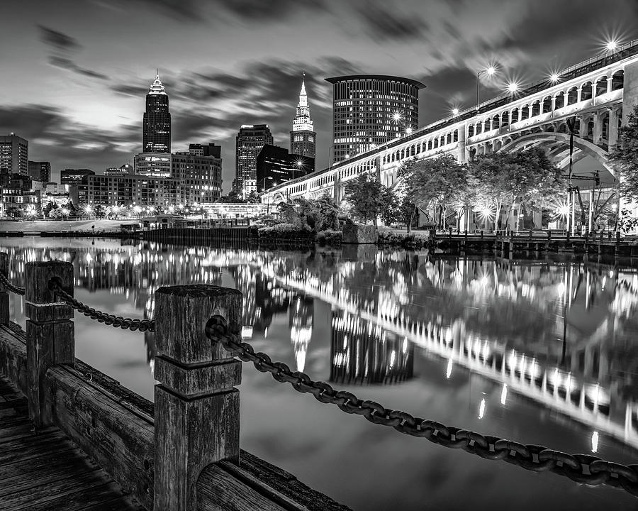 Downtown Cleveland Ohio Skyline in Black and White Over The Cuyahoga River Photograph by Gregory Ballos