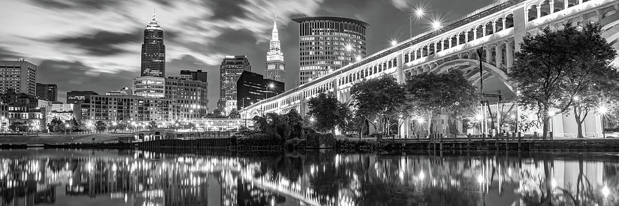 Downtown Cleveland Ohio Skyline Panorama - Black and White Photograph by Gregory Ballos