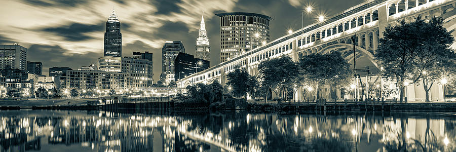 Black And White Photograph - Downtown Cleveland Ohio Skyline Panorama - Sepia Edition by Gregory Ballos