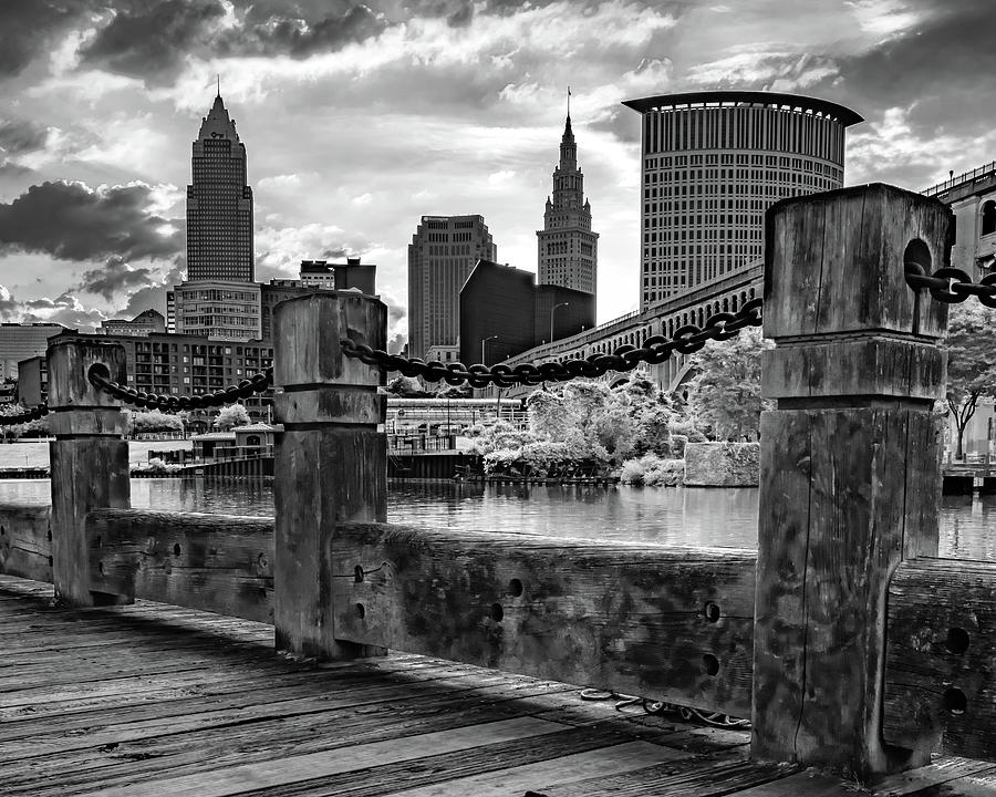 Downtown Cleveland Skyline Along The Cuyahoga River - Black and White Photograph by Gregory Ballos