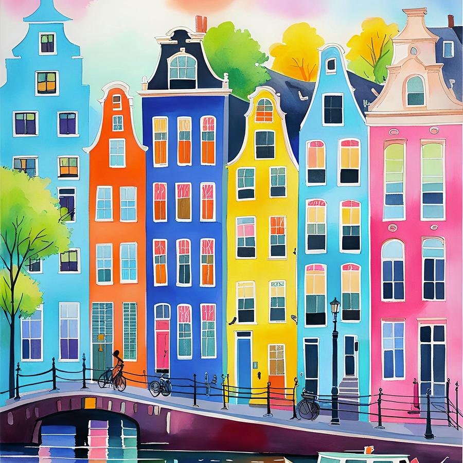 Downtown - colorful whimsical cityscape Painting by Bonnie Bruno