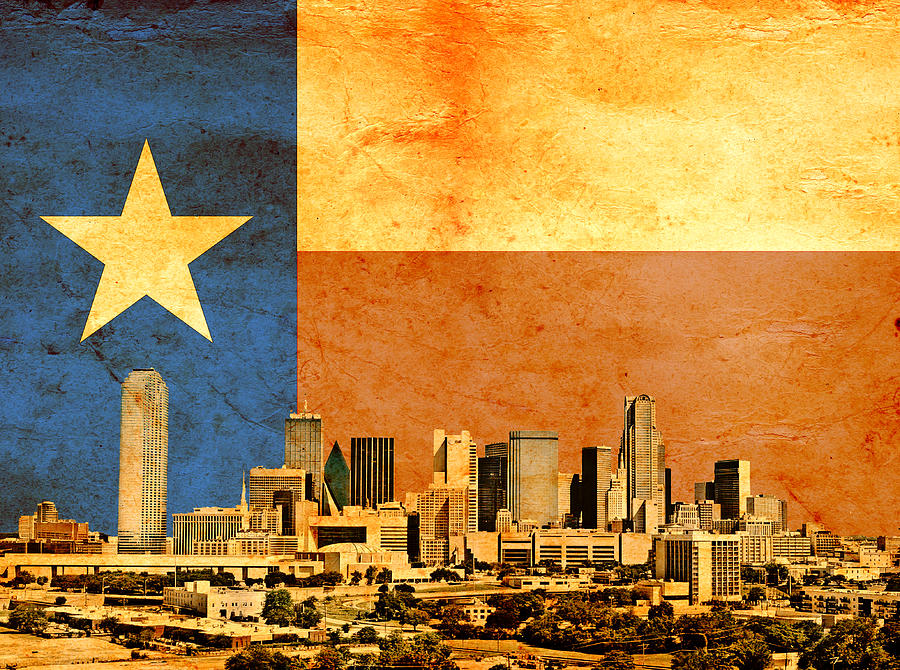Downtown Dallas skyline blended with the Texas flag and printed on old paper texture Digital Art by Nicko Prints