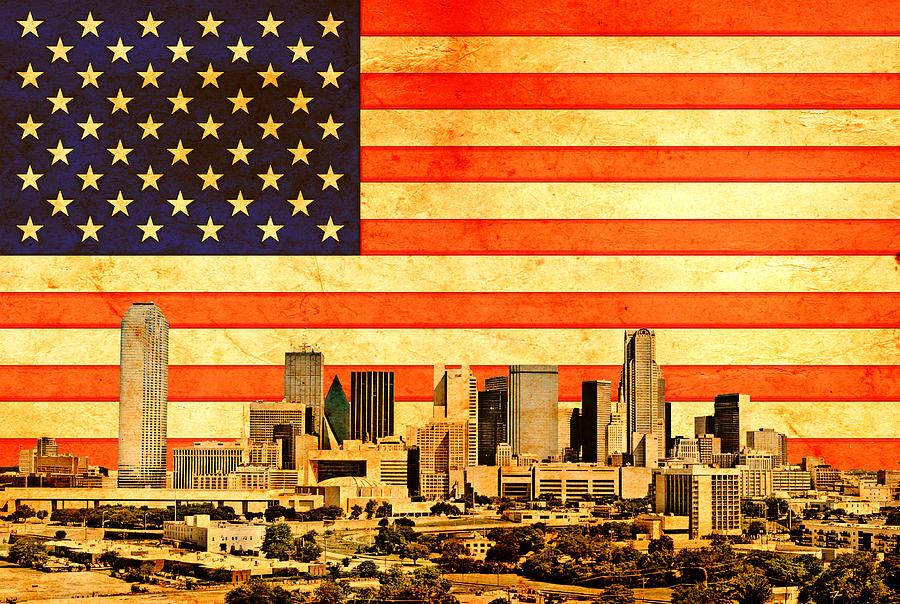 Downtown Dallas skyline blended with the US flag and printed on old paper texture Digital Art by Nicko Prints