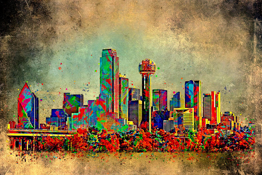 Downtown Dallas skyline colorful painting Digital Art by Nicko Prints