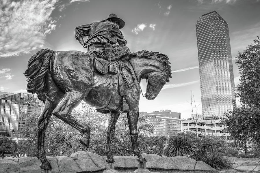 Downtown Dallas Texas Bronze Cowboy Of Pioneer Plaza On Horseback In Black And White Photograph by Gregory Ballos