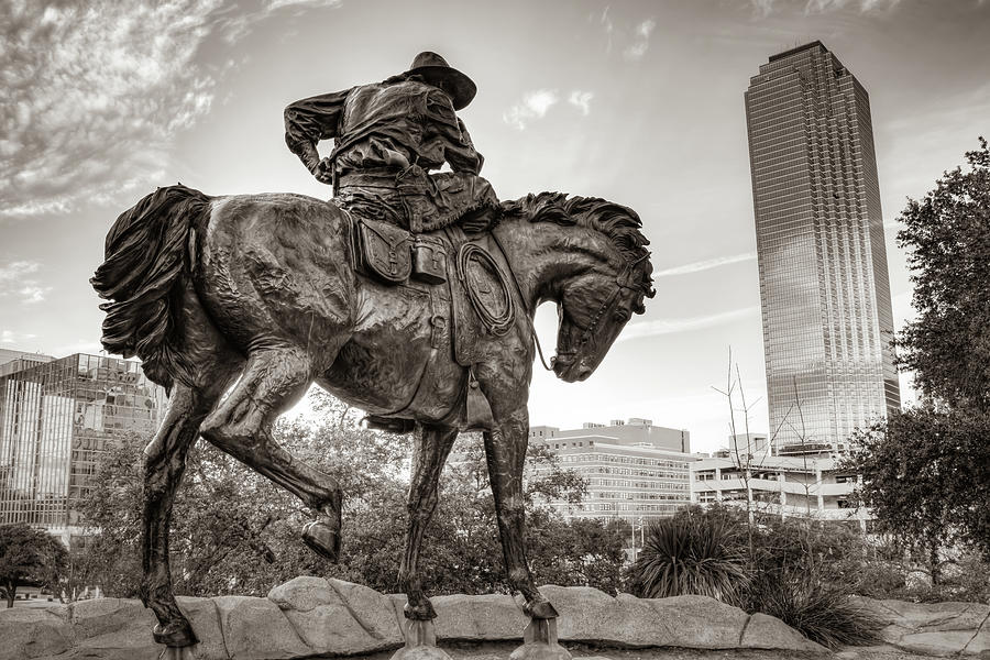 Downtown Dallas Texas Bronze Cowboy Of Pioneer Plaza On Horseback In Sepia Photograph by Gregory Ballos