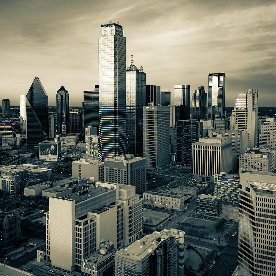 Downtown Dallas Texas Skyline and Architectural Cityscape - Sepia 1x1 Photograph by Gregory Ballos