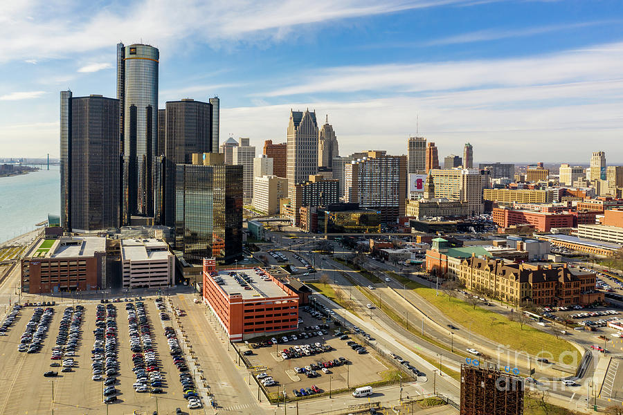 Downtown Detroit visible logos editorial aerial photo Photograph by ...