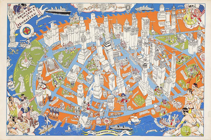 New York Map Digital Art - Arthur Zaidenberg - Downtown District of Manhattan - 1938 by Vintage Map