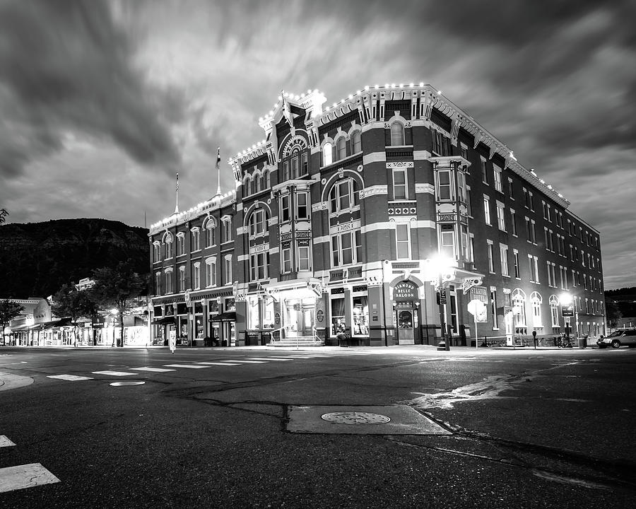 Black And White Photograph - Downtown Durango Skyline and Strater Hotel in Black and White by Gregory Ballos