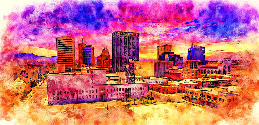 Downtown El Paso, Texas, at sunset - pen and watercolor Digital Art by Nicko Prints