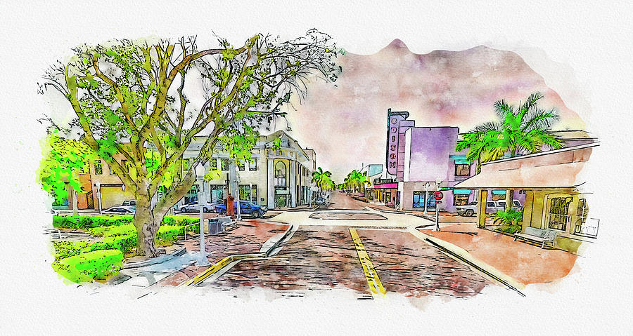 Downtown Fort Myers, Florida, near the Edison Theatre - pen sketch and watercolor Digital Art by Nicko Prints
