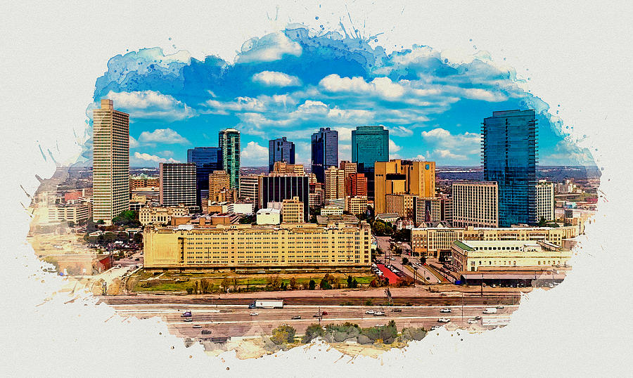 Downtown Fort Worth, Texas, and Chisholm Trail Parkway - watercolor painting Digital Art by Nicko Prints