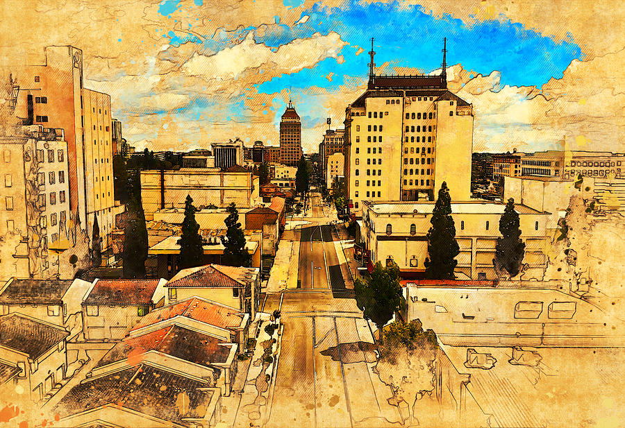 Downtown Fresno, California, seen above Fulton Street - painting and sketch Digital Art by Nicko Prints