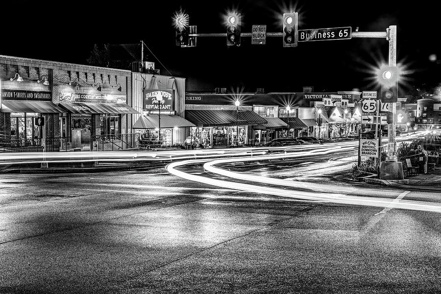 Downtown Historic Branson City Skyline Lights In Black And White Photograph by Gregory Ballos
