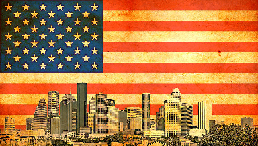 Downtown Houston skyline blended with the US flag and printed on old paper texture Digital Art by Nicko Prints