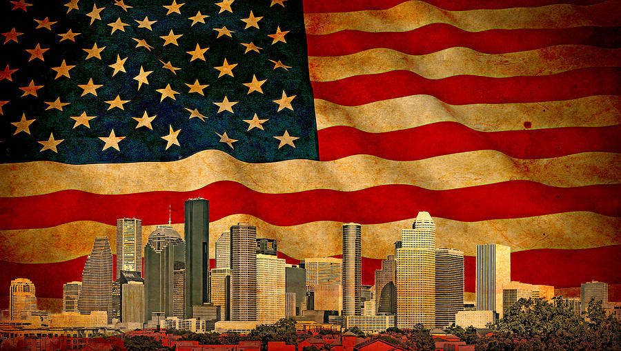 Downtown Houston skyline blended with the US flag waving on old paper texture Digital Art by Nicko Prints