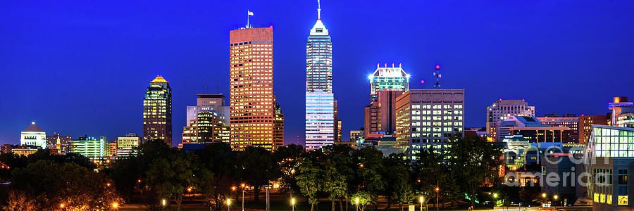 Downtown Indianapolis Indiana Skyline at Night Panoramic Photo Photograph by Paul Velgos