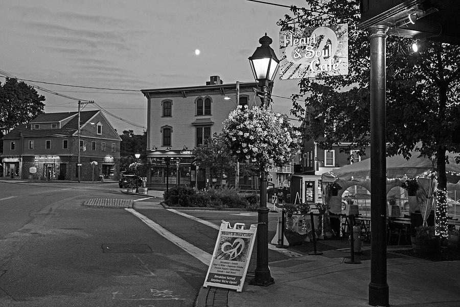 Downtown Ipswich Massachusetts Heart and Soul Cafe at Dusk Black and White Photograph by Toby McGuire
