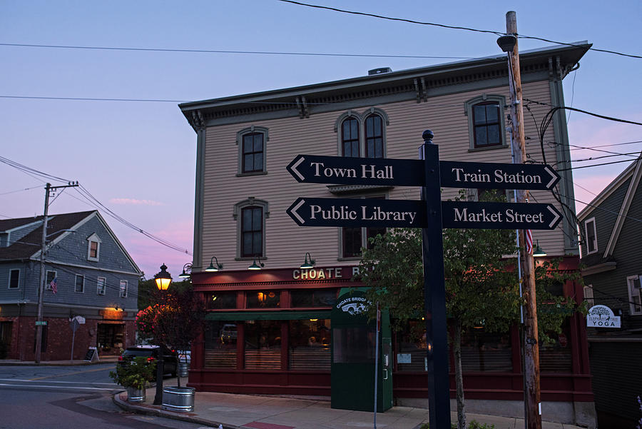 Downtown Ipswich Massachusetts Signs Choate Bridge Pub at Dusk Photograph by Toby McGuire