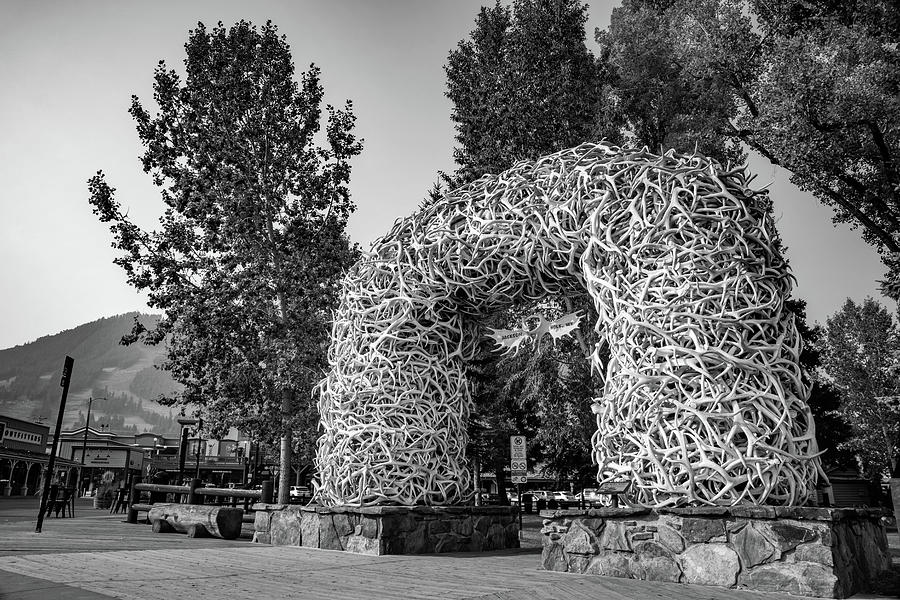 Downtown Jackson Hole Wyoming Elk Antler Arch - Black and White Photograph by Gregory Ballos
