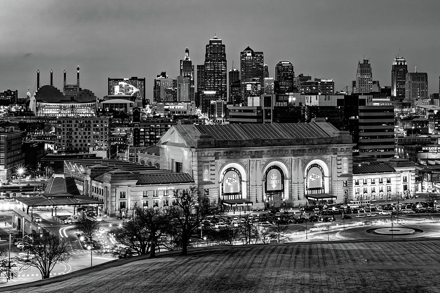 Kansas City Chiefs Photograph - Downtown Kansas City Over Union Station With Chiefs Banners - Monochrome Edition by Gregory Ballos