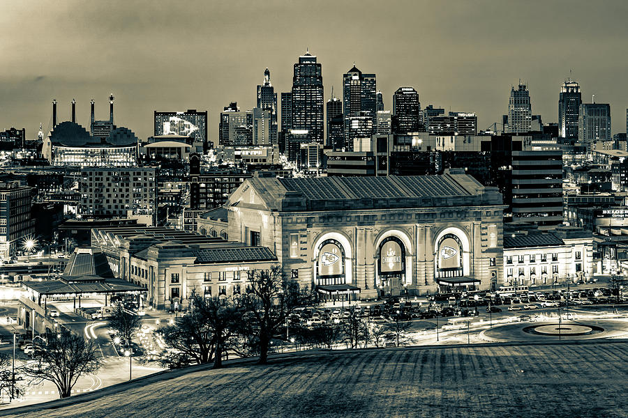 Kansas City Chiefs Photograph - Downtown Kansas City Over Union Station With Chiefs Banners - Sepia Edition by Gregory Ballos