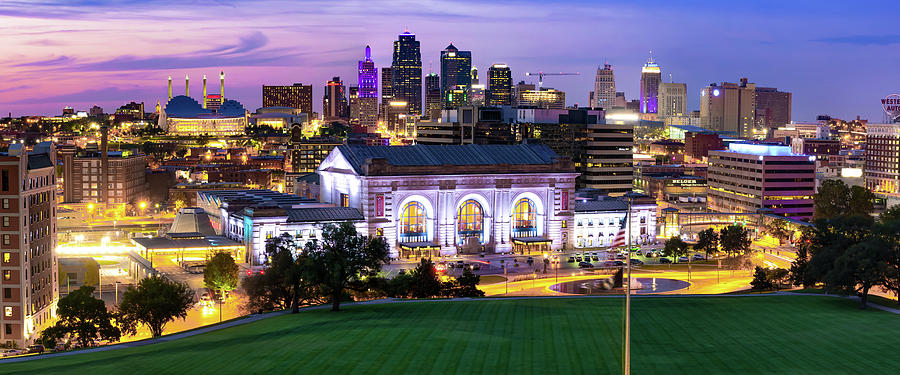 Downtown Kansas City Skyline And Union Station At Dusk Panorama Photograph